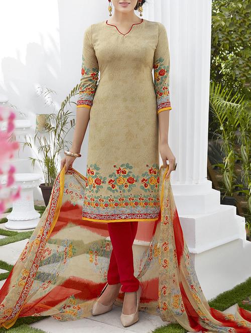 beige crepe churidaar suits unstitched suit - 15023333 - Standard Image - 1