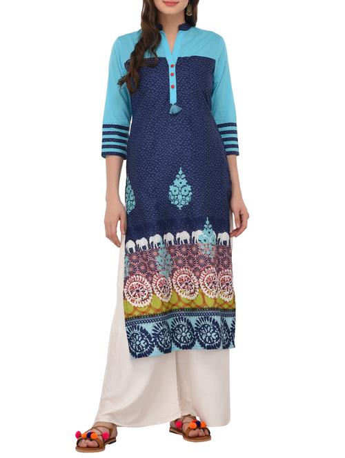 blue cotton blend straight kurta - 15023341 - Standard Image - 1