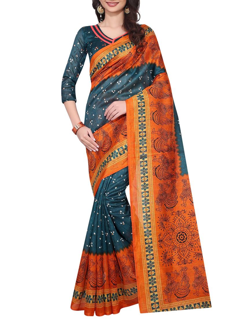 green cotton silk printed saree with blouse - 15023474 - Zoom Image - 1
