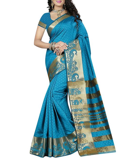 turquoise cotton blend woven saree with blouse - 15023478 - Standard Image - 1