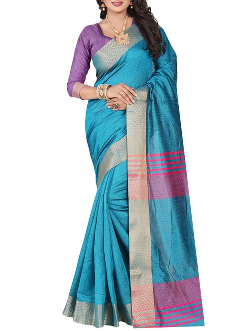 turquoise cotton blend woven saree with blouse - 15023481 - Standard Image - 1