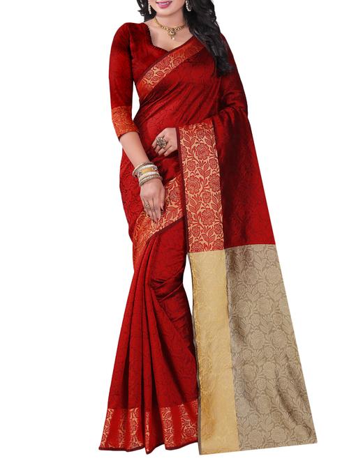 maroon cotton blend woven saree with blouse - 15023485 - Standard Image - 1