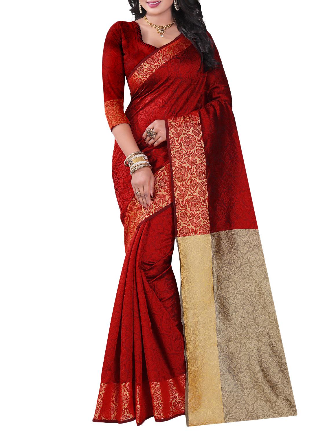 maroon cotton blend woven saree with blouse - 15023485 - Zoom Image - 1