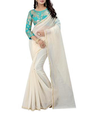 white cotton silk plain saree with blouse - 15023528 - Standard Image - 1
