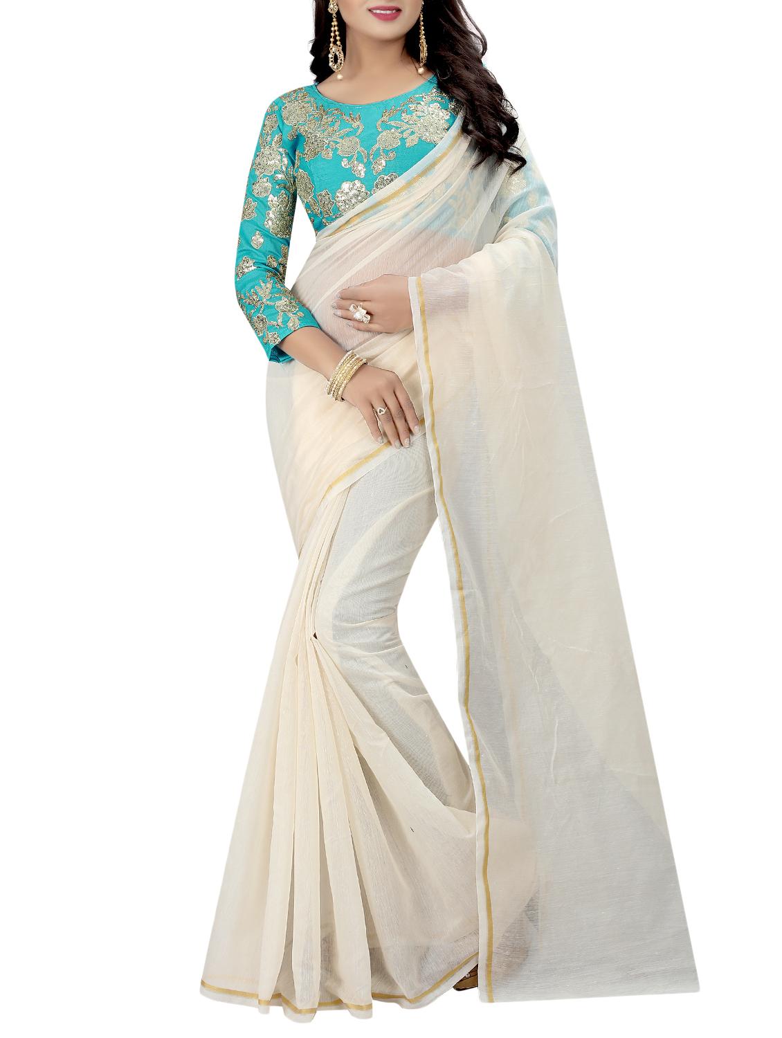white cotton silk plain saree with blouse - 15023528 - Zoom Image - 1