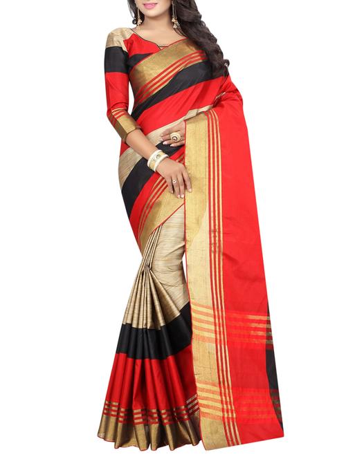 red cotton woven saree with blouse - 15023565 - Standard Image - 1