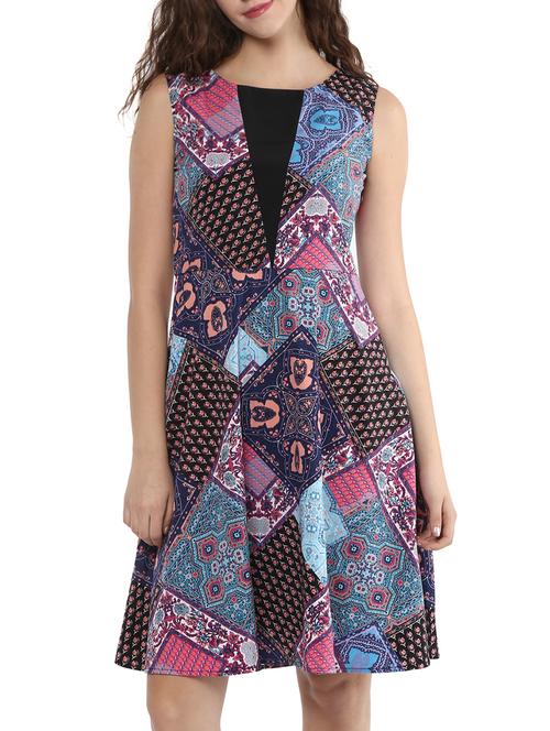 blue printed crepe fit & flare dress - 15023592 - Standard Image - 1