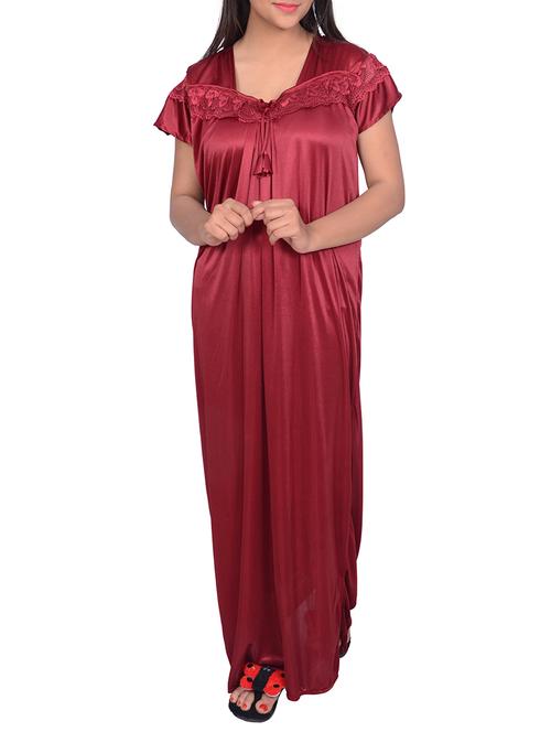 solid maroon satin nighty - 15023782 - Standard Image - 1