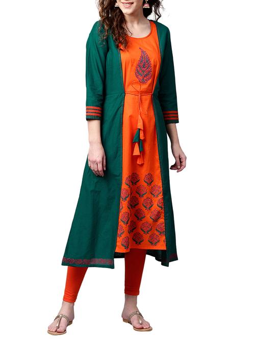 green cotton aline kurta - 15023838 - Standard Image - 1