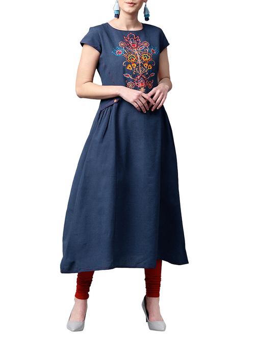 blue cotton aline kurta - 15023843 - Standard Image - 1