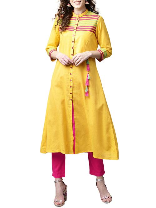yellow cotton aline kurta - 15023867 - Standard Image - 1