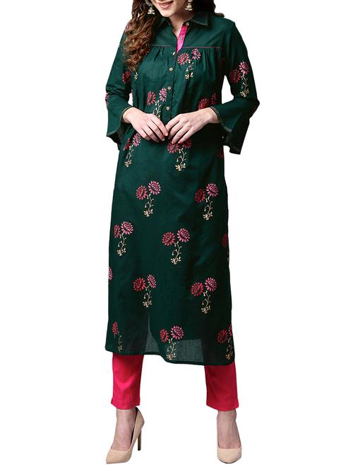 green cotton aline kurta - 15023869 - Standard Image - 1