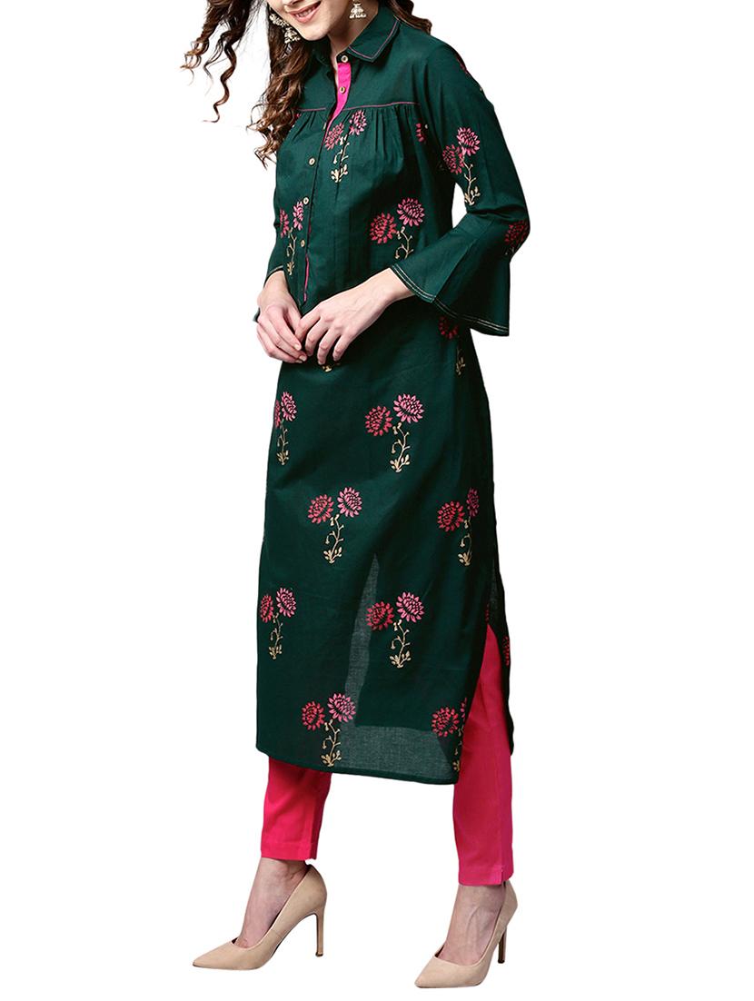 green cotton aline kurta - 15023869 - Zoom Image - 2