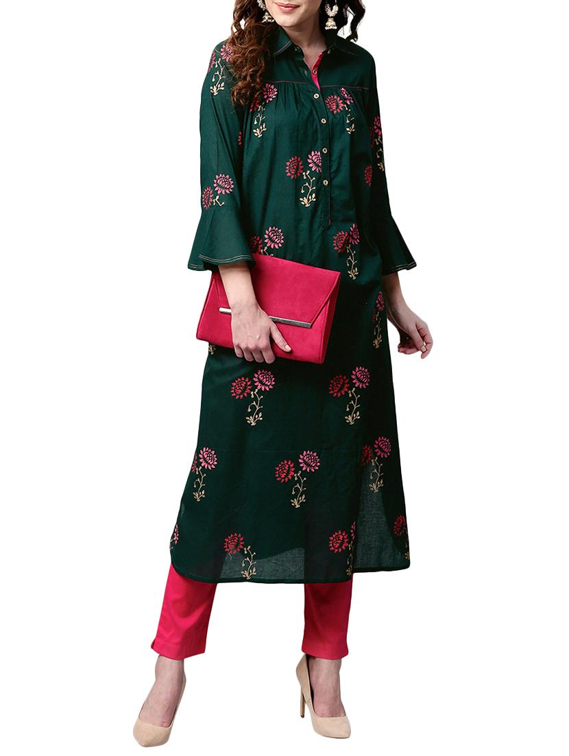 green cotton aline kurta - 15023869 - Zoom Image - 4