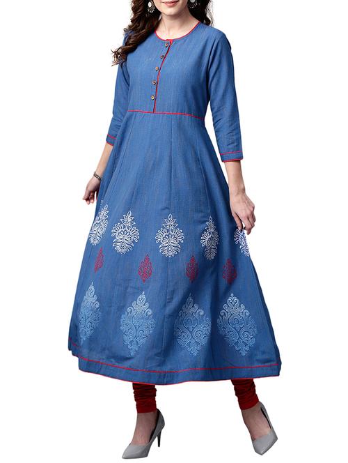 blue cotton anarkali block printed kurta - 15023872 - Standard Image - 1