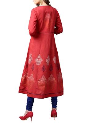 red cotton anarkali block printed kurta - 15023873 - Standard Image - 3
