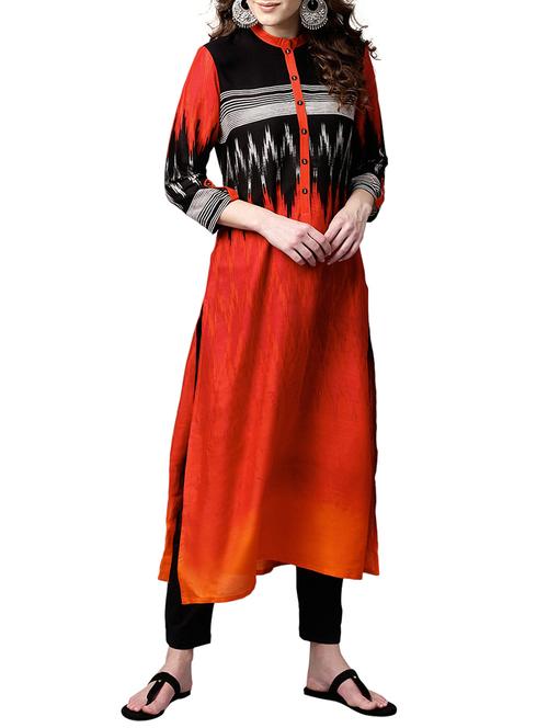 orange rayon straight kurta - 15023879 - Standard Image - 1