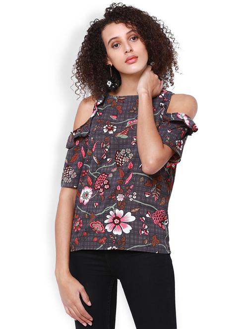 floral frill detail cold shoulder top - 15023971 - Very Small Image - 1