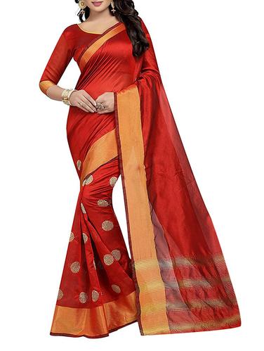 red cotton silk embroidered saree with blouse - 15024171 - Very Small Image - 1