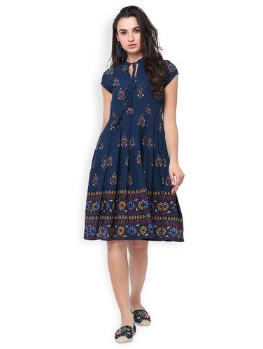 navy blue printed fit & flare dress - 15024179 - Very Small Image - 1