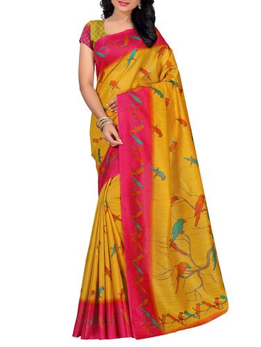Yellow printed saree with blouse - 15024236 - Very Small Image - 1