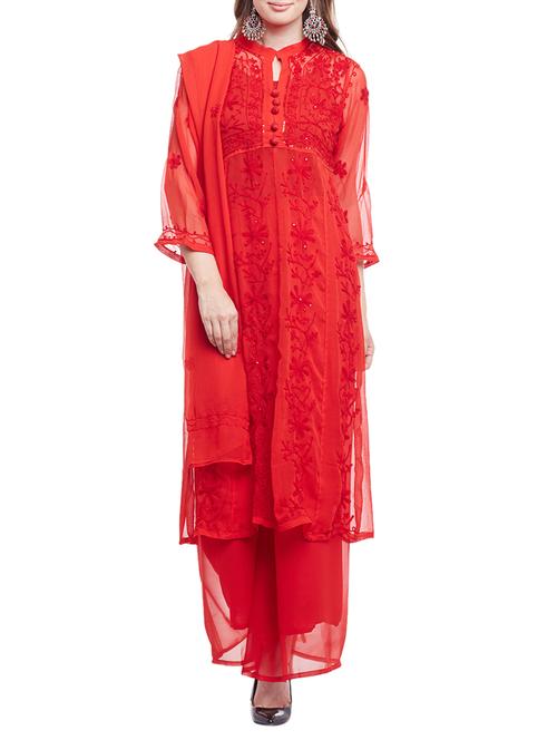 red georgette a-line kurta - 15024481 - Standard Image - 1