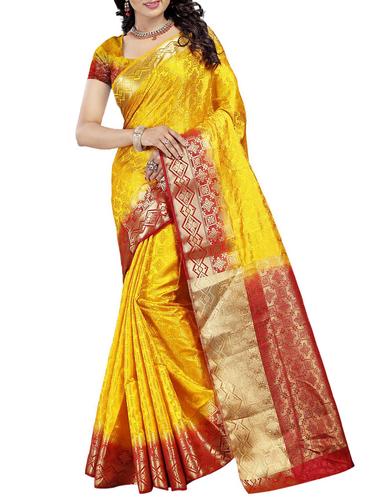 yellow cotton silk woven saree with blouse - 15024505 - Very Small Image - 1