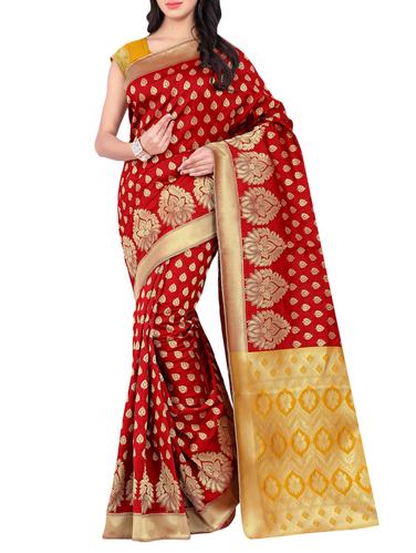 red banarasi silk saree with blouse - 15024645 - Very Small Image - 1