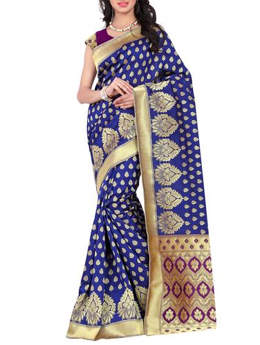 navy blue banarasi silk saree with blouse - 15024648 - Very Small Image - 1