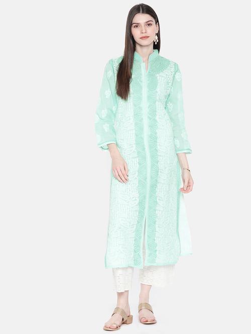 ada blue cotton straight chikankari kurta - 15024841 - Standard Image - 1