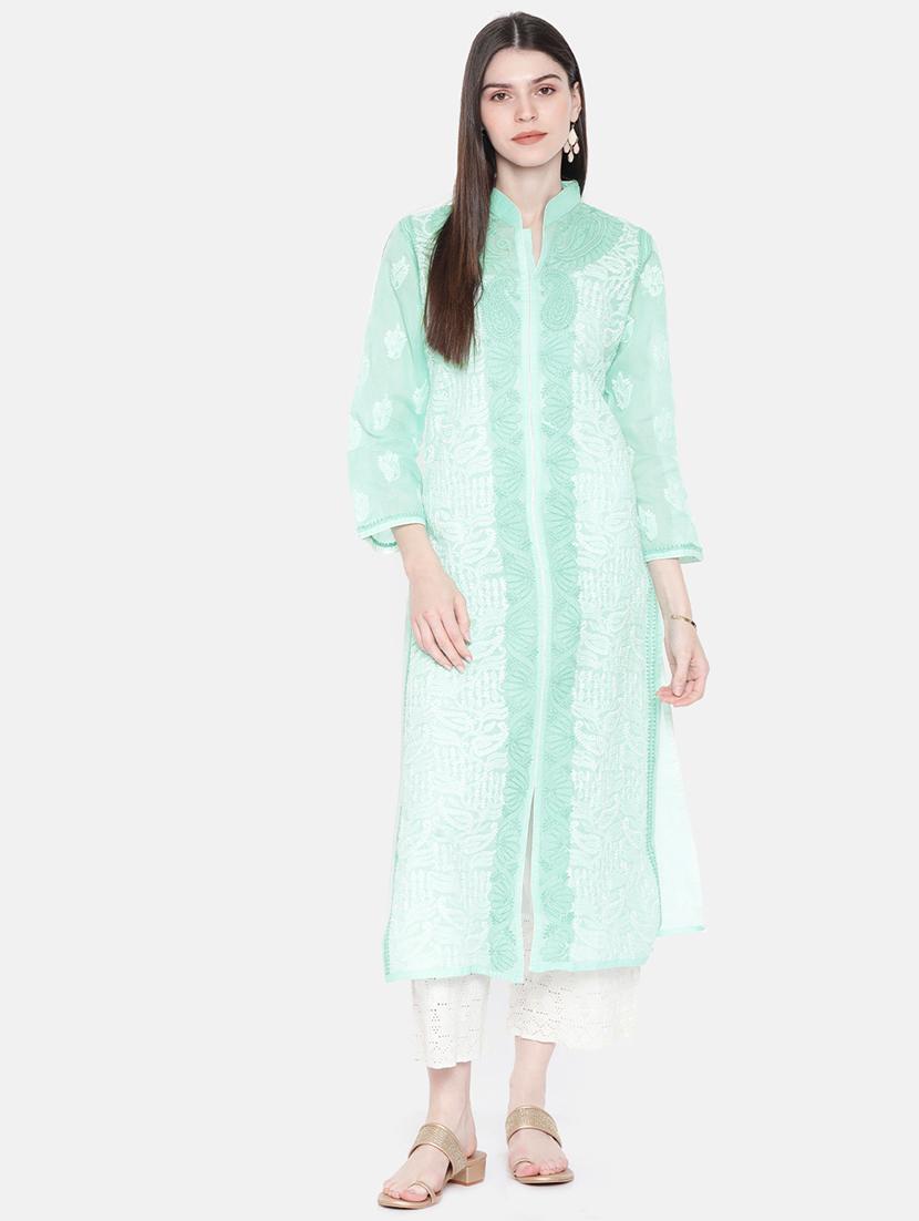 ada blue cotton straight chikankari kurta - 15024841 - Zoom Image - 1