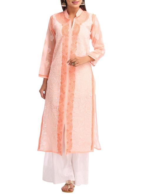 ada peach chikankari cotton straight kurta - 15024843 - Standard Image - 1