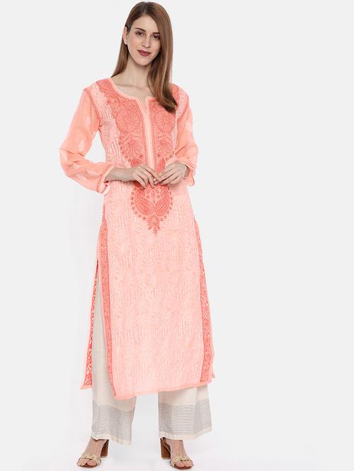ada pink cotton straight chikankari kurta - 15024846 - Standard Image - 1