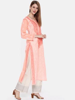 ada pink cotton straight chikankari kurta - 15024846 - Standard Image - 2