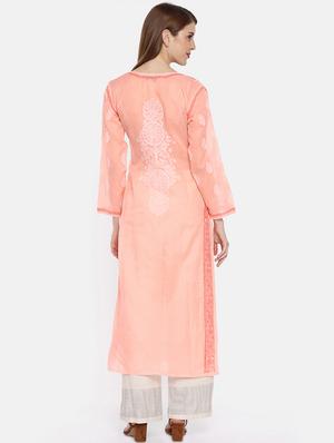 ada pink cotton straight chikankari kurta - 15024846 - Standard Image - 3