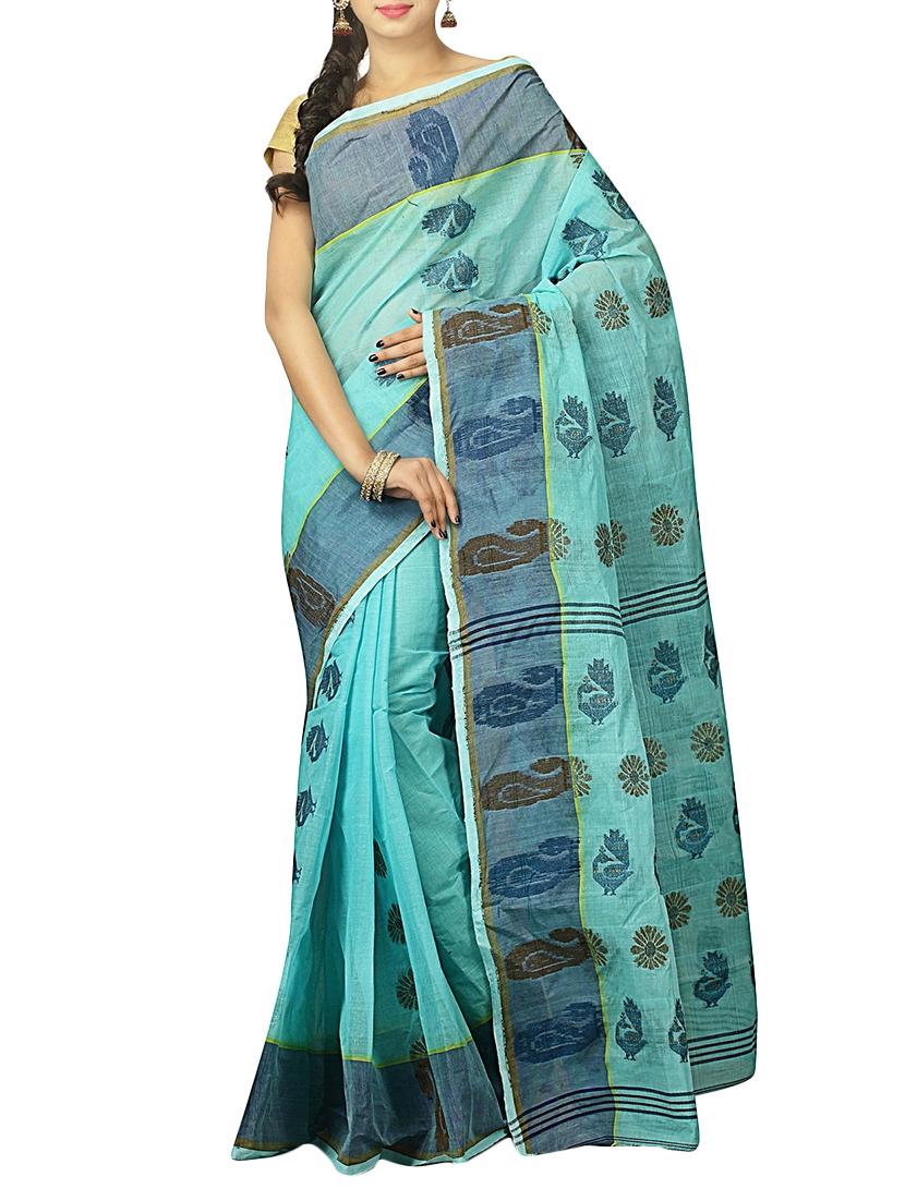 turquoise cotton tant saree - 15025025 - Zoom Image - 1