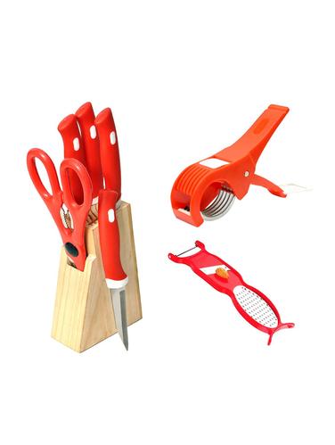 Combo of Knife Set with Wooden Stand + Vegetable Cutter + 3 in 1 Peeler / Grater / Slicer - 15025074 - Very Small Image - 1