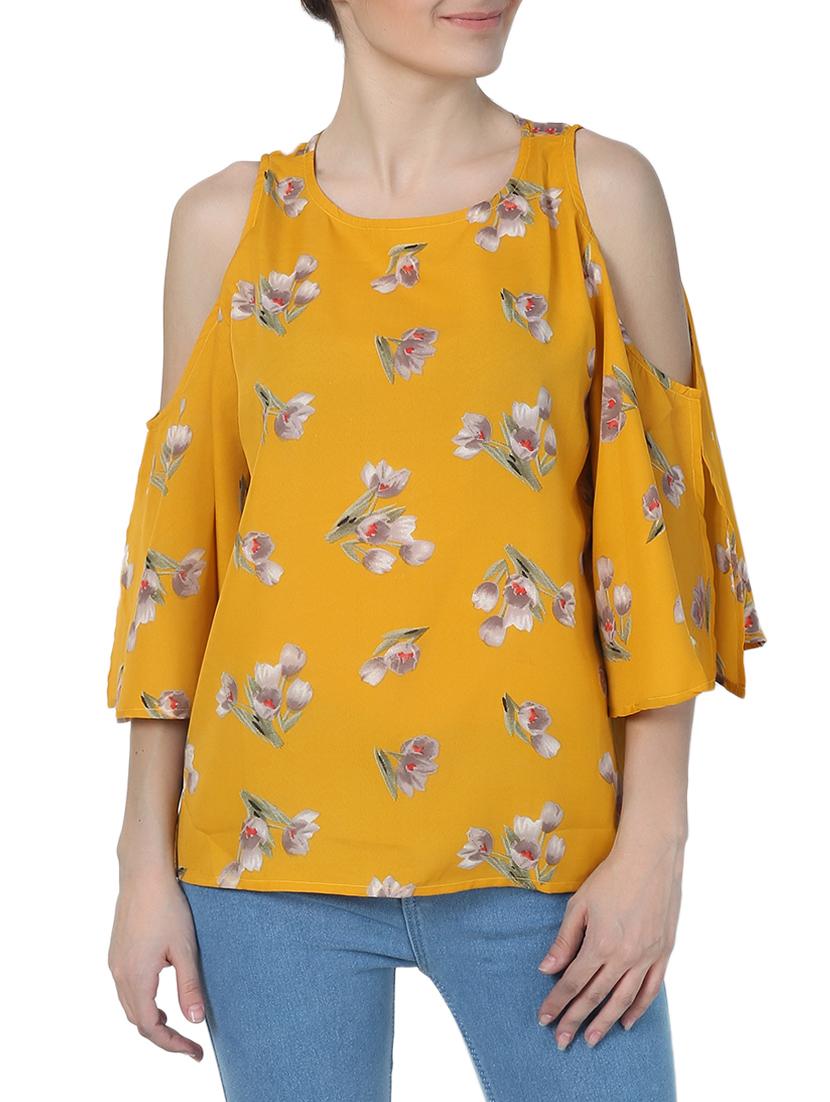 yellow floral cold shoulder top - 15025159 - Zoom Image - 1