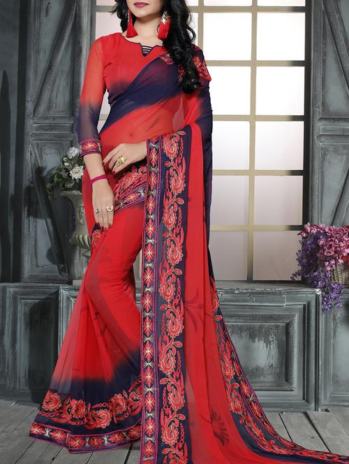 Red embroidered saree with blouse - 15025206 - Very Small Image - 1