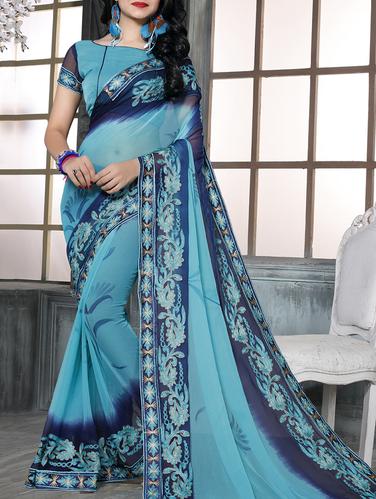 Blue embroidered saree with blouse - 15025214 - Very Small Image - 1