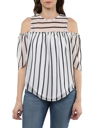 white georgette striped cold shoulder top - 15025249 - Very Small Image - 1