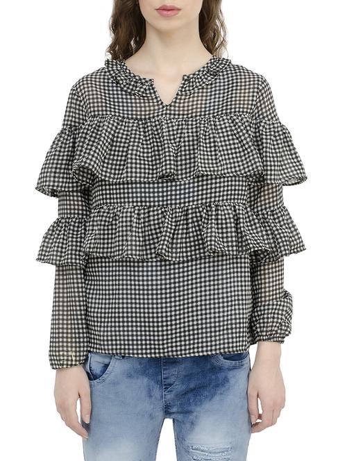 black checkered georgette ruffle top - 15025553 - Standard Image - 1