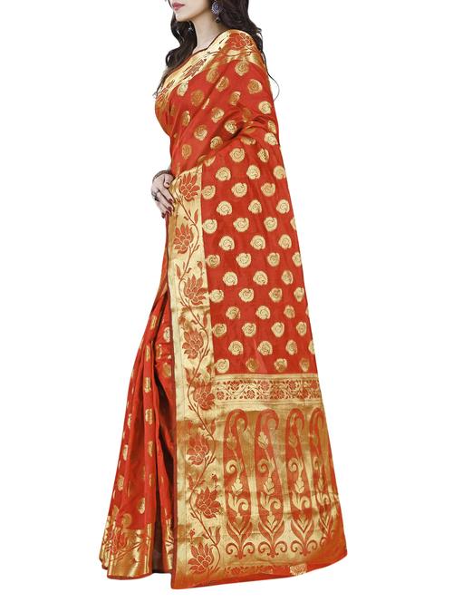 orange cotton blend woven saree with blouse - 15025582 - Standard Image - 1