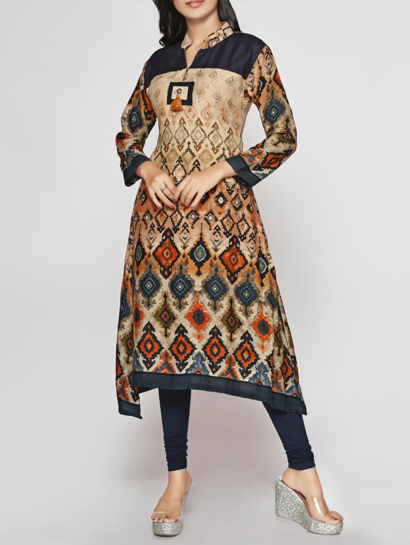 beige rayon asymmetric kurta - 15025930 - Zoom Image - 1