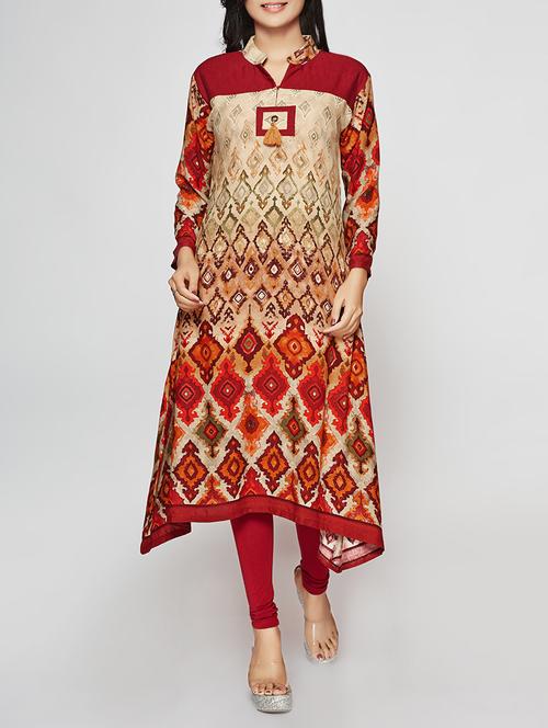 maroon rayon asymmetric kurta - 15025932 - Standard Image - 1