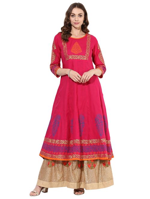pink cotton flared kurta - 15026077 - Standard Image - 1