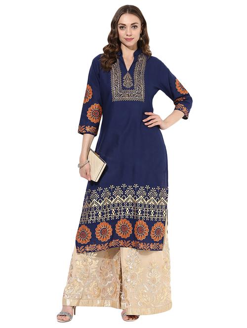 blue cotton straight kurta - 15026086 - Standard Image - 1