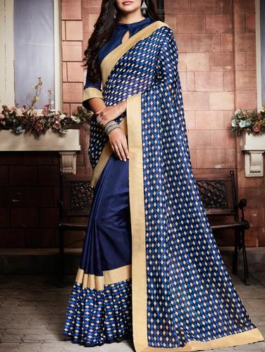 blue art silk printed saree with blouse - 15026151 - Very Small Image - 1