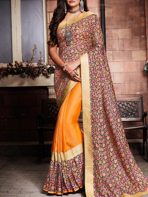 orange art silk printed saree with blouse - 15026156 - Very Small Image - 1