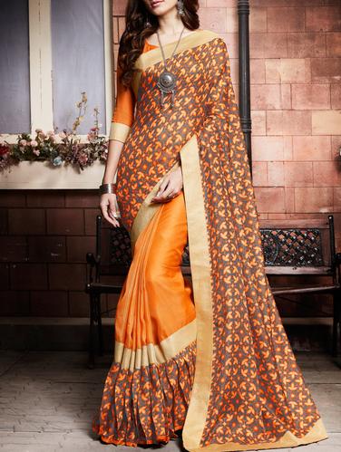 Golden bordered printed saree with blouse - 15026160 - Very Small Image - 1